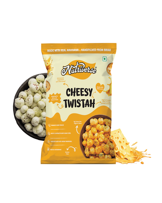 Nutriverse Cheesy Twistah snack package with a bowl of snacks on a white background